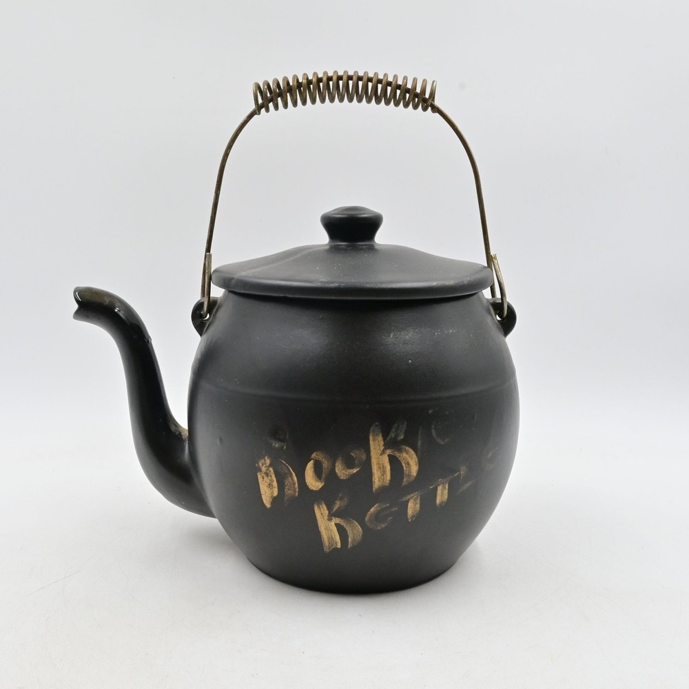 McCoy Kookie Kettle Cookie Jar 10" Black Ceramic Teapot Lid Wire Handle 1960s